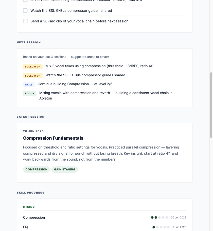 Student dashboard showing homework tasks, next session plan, and skill progress