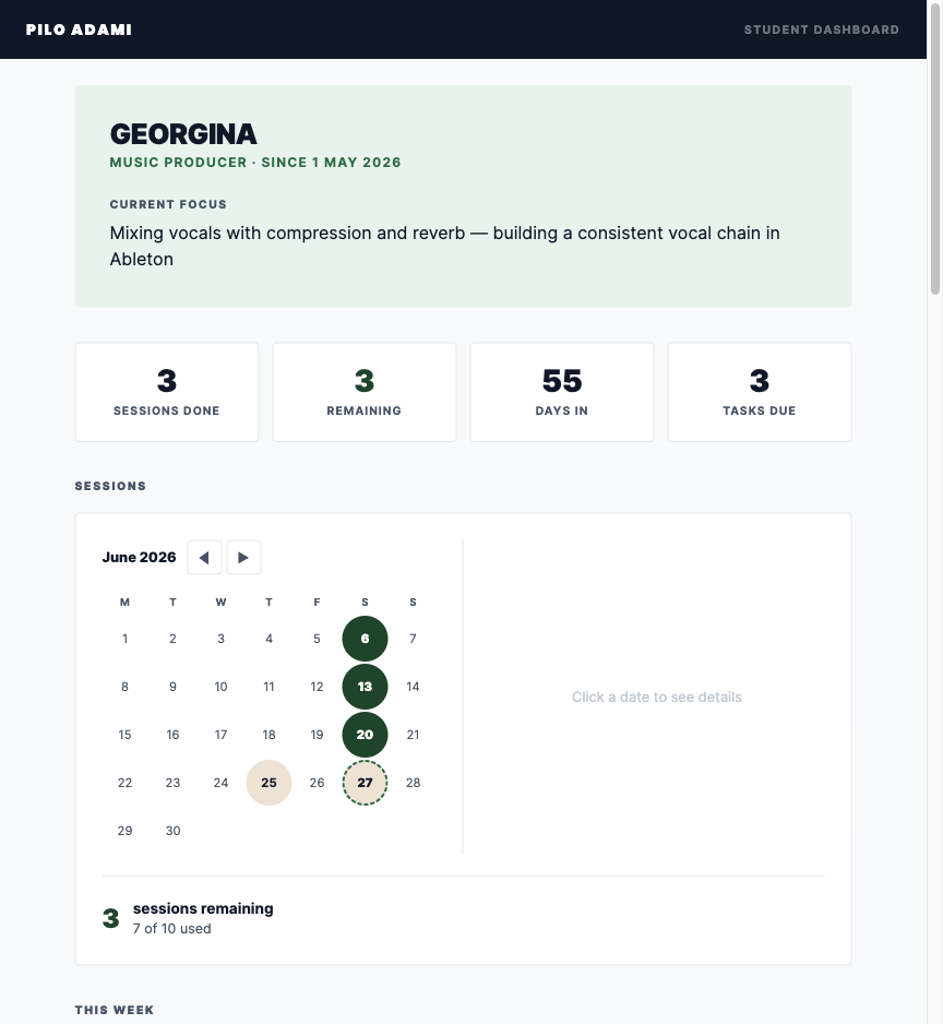 Student dashboard showing session calendar and progress stats